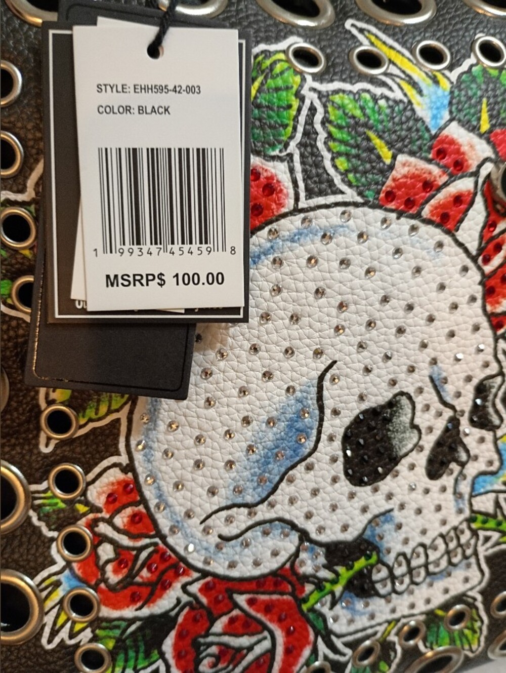 Ed Hardy Black Skull & Rose Eyelet Satchel - Picture 9 of 9
